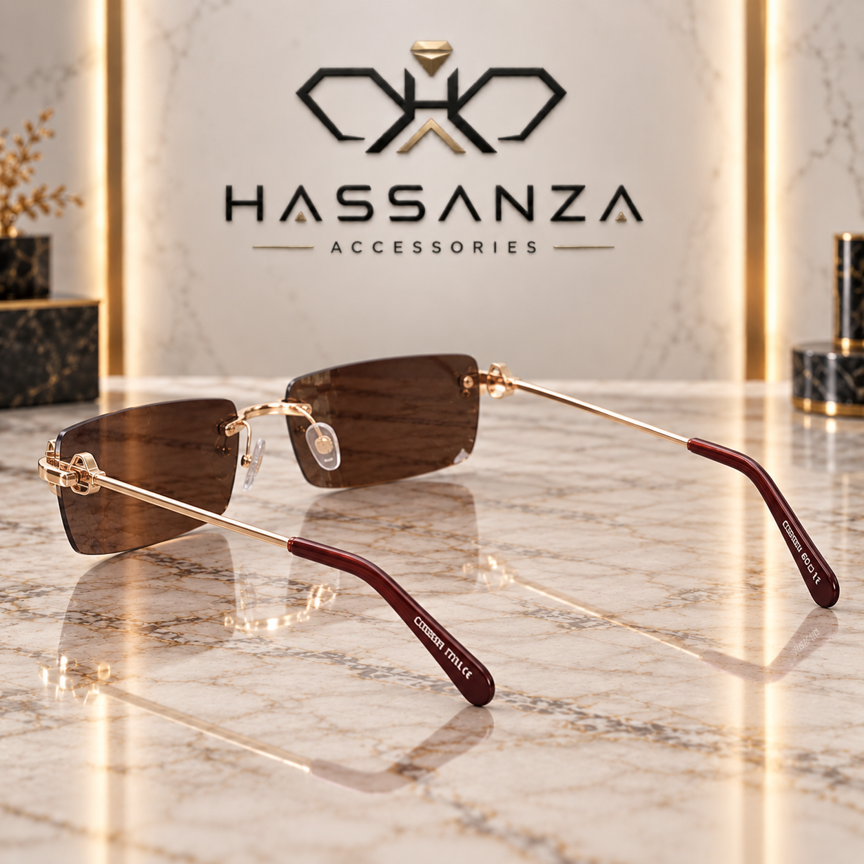 Hassanza Rimless Brown Rectangular Sunglasses - Image 2