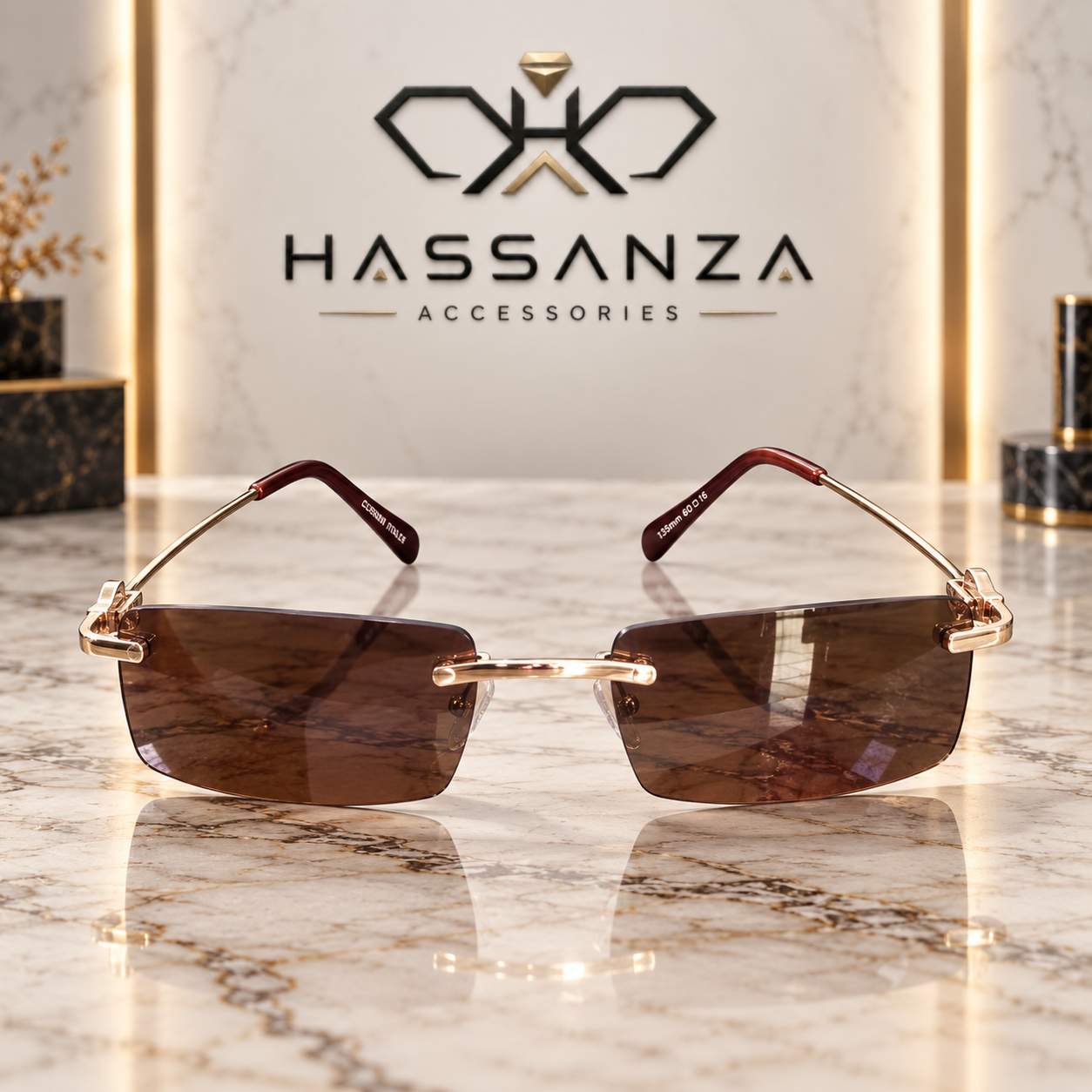 Hassanza Rimless Brown Rectangular Sunglasses